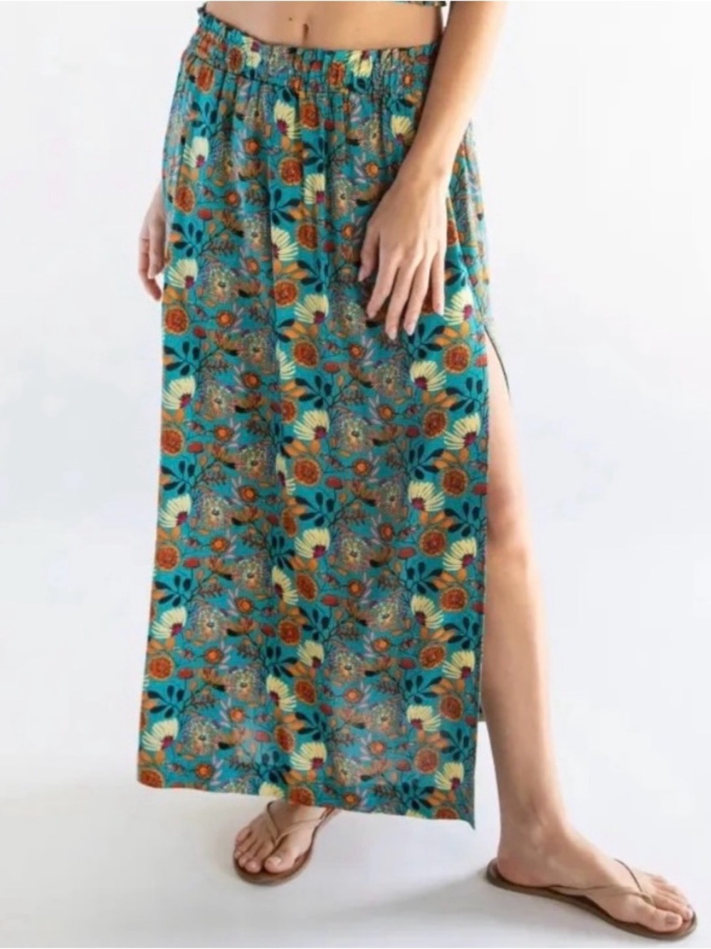 Natural Life Carmen Smocked Midi Maxi Skirt Teal Floral Slit Size XL New Boho